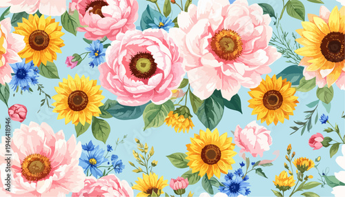 Seamless Floral Pattern with Pink Peonies and Yellow Sunflowers on a Light Blue Background