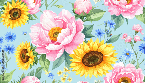 Vibrant Watercolor Floral Pattern with Sunflowers and Pink Peonies on Light Blue Background