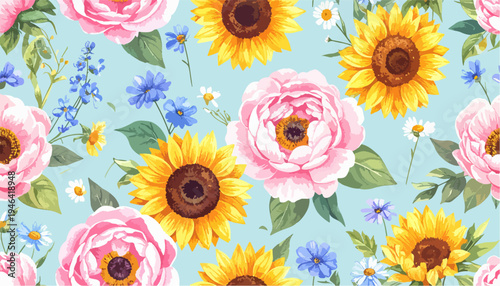 Watercolor Floral Seamless Pattern with Pink Peonies Sunflowers Blue Flowers and Daisies on Light Blue Background