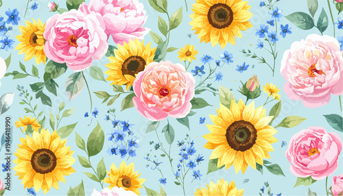 Watercolor Floral Pattern Seamless Background with Pink Roses Sunflowers and Blue Flowers