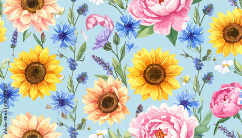 Watercolor floral seamless pattern with sunflowers peonies cornflowers and lavender on blue background