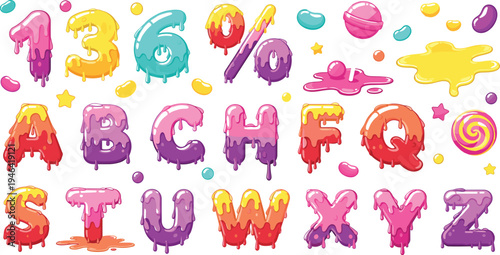 Colorful Dripping Candy Alphabet and Number Set with Sweet Syrup Letters, Jelly Drops and Lollipop Elements for Kids Party, Dessert Branding and Fun Typography
