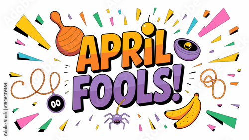 Colorful april fools' day celebration graphic with confetti and prank items