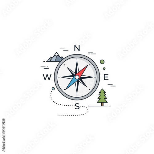 Vintage compass with mountain and tree illustrations