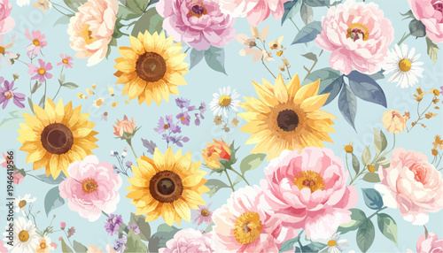 Watercolor Floral Pattern Seamless Background with Sunflowers Peonies Daisies and Delicate Wildflowers on Blue