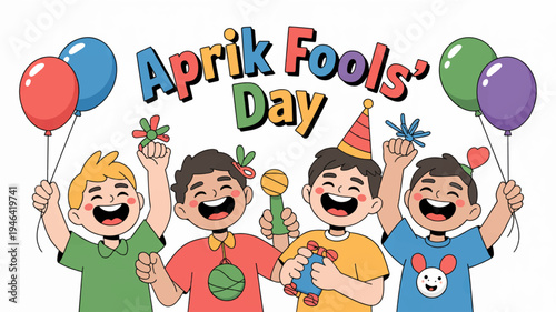 Children celebrating april fools' day with colorful balloons and prank gifts in a joyful scene