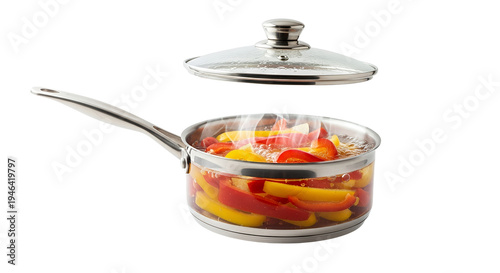 Vibrant red and yellow bell peppers simmer gently in a modern transparent saucepan, steam rising from the healthful cooking process under a slightly