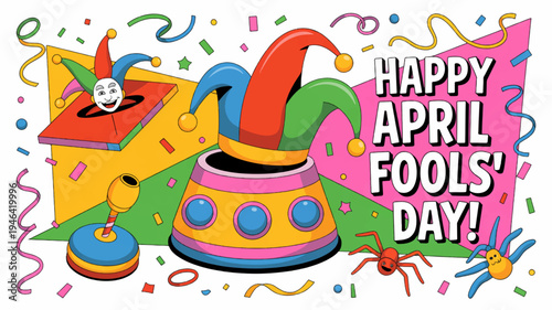 Colorful april fools' day celebration with jester hat and confetti