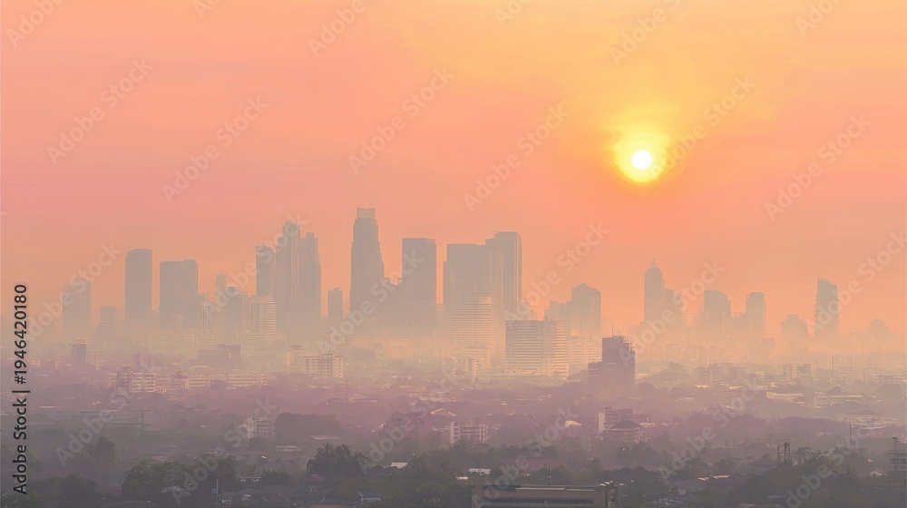 Obraz premium Serene Sunrise Over Urban Skyline with Misty Haze and Soft Sunlight Filling the Horizon in a Peaceful Cityscape