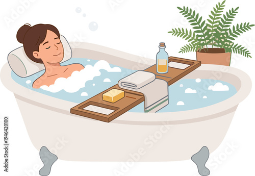 Woman relaxing in a bathtub with soap bubbles and a plant nearby