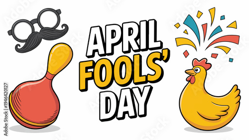 Colorful april fools' day illustration with chicken glasses and mustache