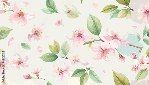 Watercolor cherry blossom branches with delicate pink flowers and green leaves on a light background