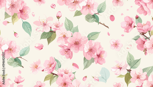 Seamless pattern of delicate pink cherry blossom flowers and green leaves on a light cream background