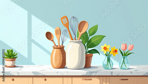 Colorful ceramic jars and bottles arranged on a wooden countertop with fresh produce