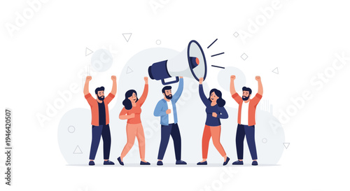 Group of people with megaphone protesting and raising fists, vector illustration