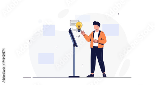 Man with Idea Lightbulb and Interactive Kiosk, Innovation Concept
