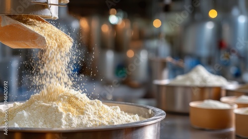 Flour pouring from a mill into a bowl in a bright kitchen with blurred industrial background and sparkling particles of flour in the air