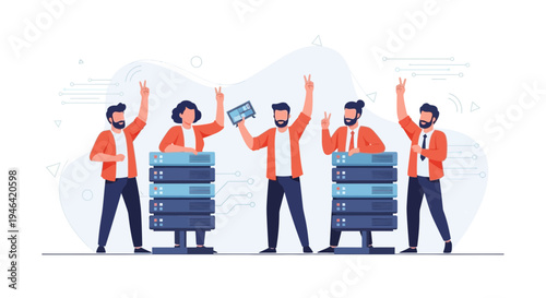 Team celebrating success with servers, data center, IT, technology, teamwork