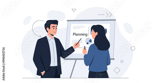 Business meeting: man presenting planning chart to woman at whiteboard