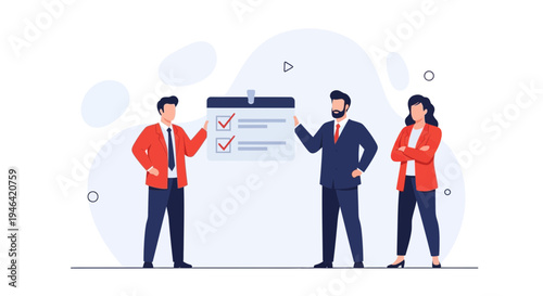 Teamwork and success: business people reviewing checklist on a board, achieving goals.