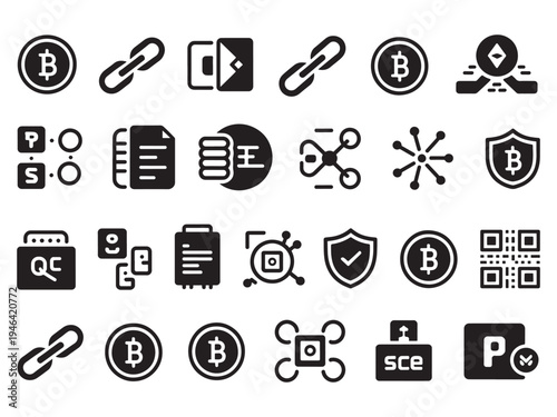 Blockchain technology icons set crypto security data network vector