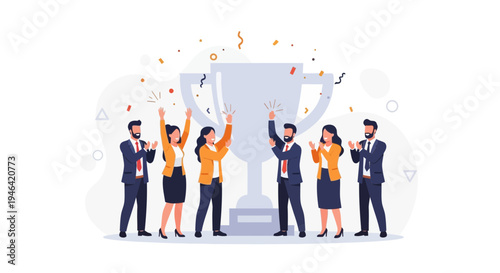 Team celebrating success with trophy and confetti, business achievement concept