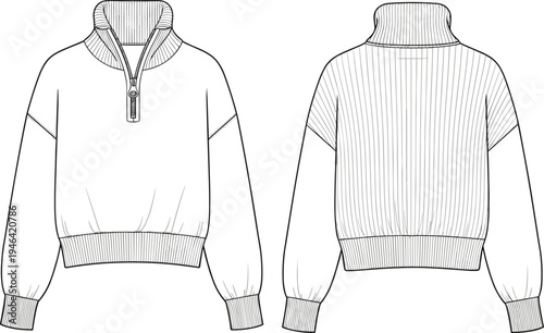 Cad drawing flat vector illustration of women’s half zip pullover sweater with ribbed collar, waistband, cuffs, oversized fit design