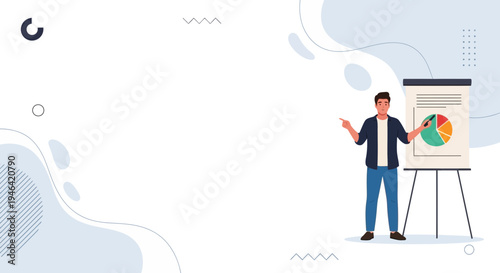 Man presenting pie chart on flip chart, business presentation, data analysis, strategy meeting