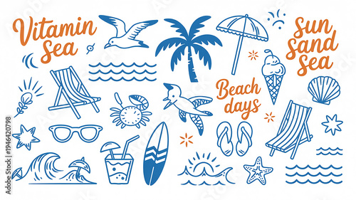 Vector illustration set of summer beach and vacation icons featuring tropical palm trees, sun, and sea travel elements like sailboats and yachts on a turquoise ocean landscape under a blue sky