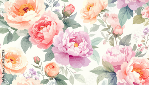 Beautiful Watercolor Peony Flowers Seamless Pattern Floral Background Delicate Pastel Colors