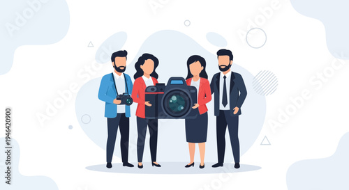 Team of photographers holding a giant camera, creative photography concept