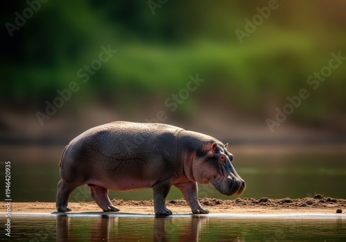 A powerful hippopotamus ambles along a slick, muddy riverbank, bathed in natural light, showcasing its immense presence in the wild, nature, sludgy, majestic