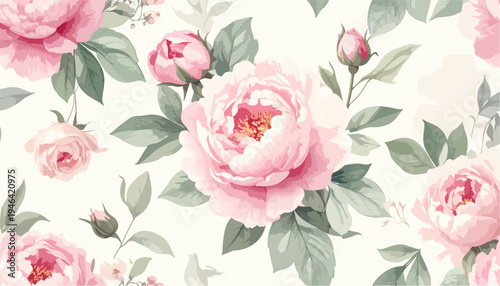 Seamless pattern with delicate pink peonies and green leaves on a light background vintage floral design