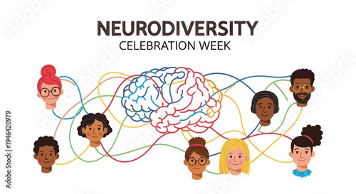 Illustration of diverse people connected by colorful lines around a brain for Neurodiversity Celebration Week promoting awareness and acceptance