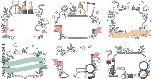 Beauty and Cosmetics Banner Set with Perfume, Lipstick, Makeup Brushes and Skincare Products with Floral Decorations for Spa Promotion, Cosmetic Branding and Fashion Templates