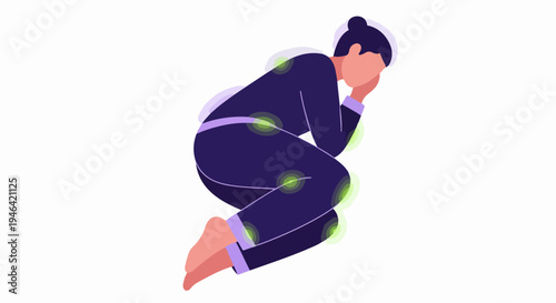 Person sleeping in fetal position with glowing green spots indicating pressure points and discomfort