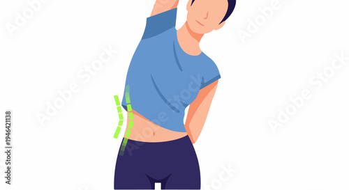 Person doing side bend stretch exercise for core muscles and back health with green highlights showing spine movement