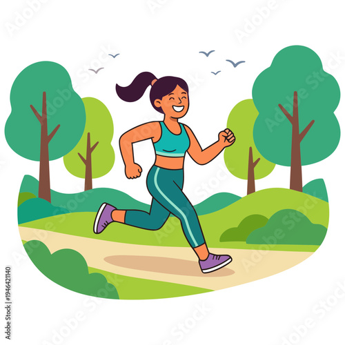 Woman running on a path through a green park with trees and birds flying overhead.