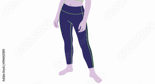 Athletic woman wearing dark blue leggings with neon green stripes and purple sports bra standing on white background