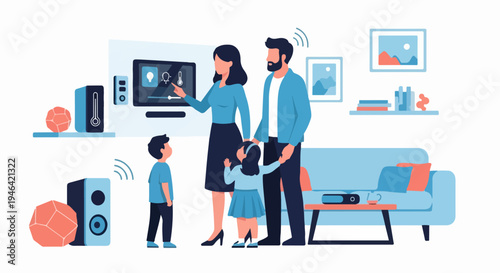 Smart Home Technology Family Interacting with Digital Devices and Futuristic Gadgets in a Modern Living Room
