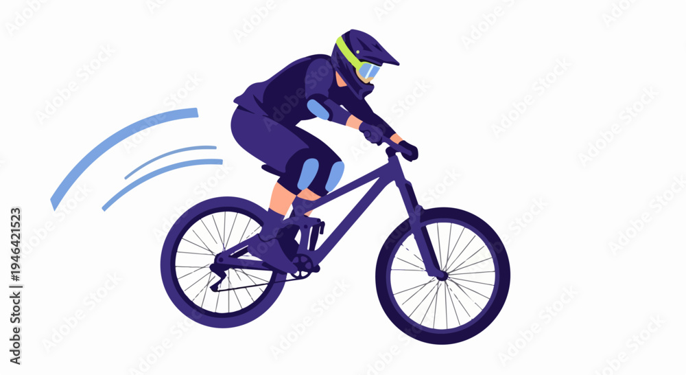 Fototapeta premium Mountain Biker Riding Downhill Wearing Full Protective Gear and Helmet with Speed Lines Illustration