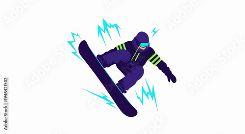 Dynamic Snowboarder Performing Aerial Trick with Blue Lightning Effects and White Background Illustration