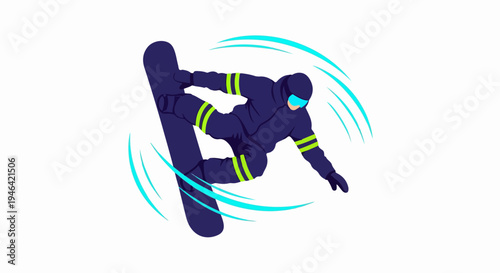 Dynamic Snowboarder Performing a Trick Mid-Air with Blue Swirls Representing Motion and Speed