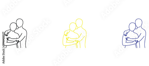  Minimalist Line Art Illustration of Two People Hugging, Concept of Support, Love, and Friendship, Vector Icon Set of a Couple Embracing, Clean 2pt Stroke Outline for Compassion and Care