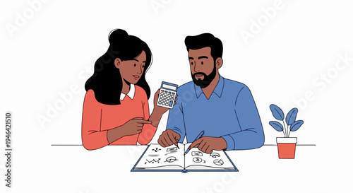 Diverse couple planning finances together with calculator and notebook showing charts and graphs