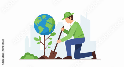 Gardener planting a tree with the Earth as its crown symbolizing environmental protection and sustainability