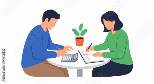 Two people working together at a table with a calculator and notebook planning and analyzing finances