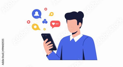 Man Holding Smartphone Interacting with Social Media Icons and Notifications Concept Illustration