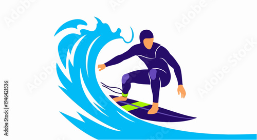 Surfer Riding a Wave in a Wetsuit on a Surfboard with Green Stripes Dynamic Action Illustration