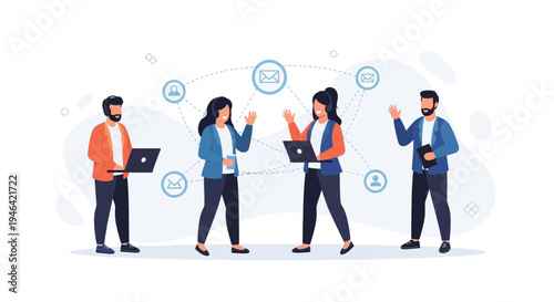 Teamwork and communication concept: people connected digitally with laptops and headsets